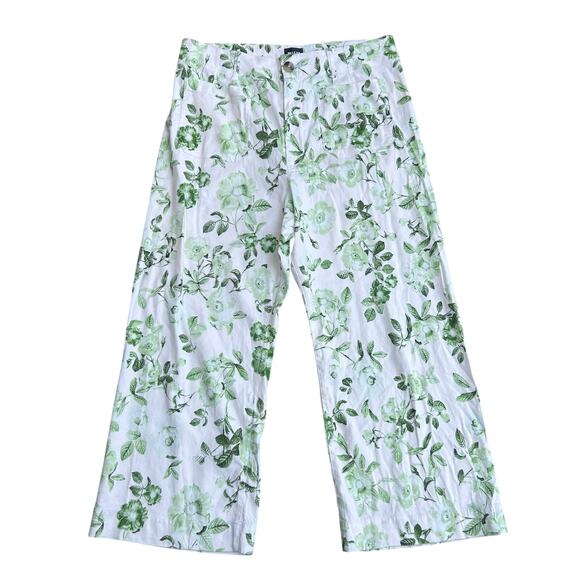 Maeve Anthropologie Colette Crop Linen Wide Leg Pants Green Floral Size 34 - Picture 4 of 8